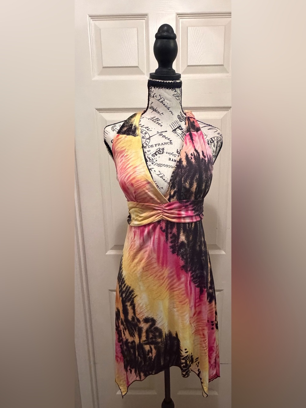 Ingear Pink Yellow Black Tie-Dye Halter Midi Dress